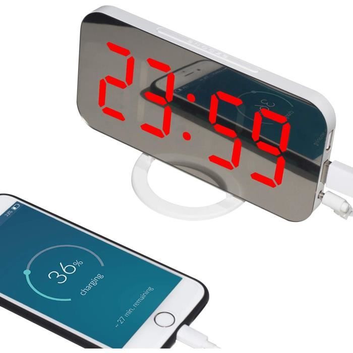 Réveil Numérique Miroir AREVERA – Affichage LED 6,5”, Température, Date – Luminosité Réglable, Snooze – Alimentation USB Ou Piles