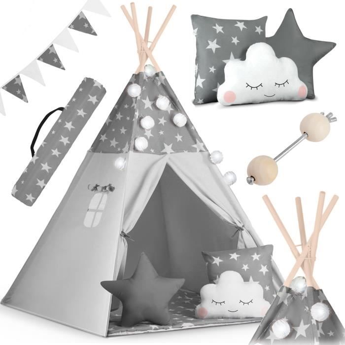 Tente tipi pour enfant - Nukido - Gris à étoiles - Guirlande lumineuse incluse - Matériaux naturels