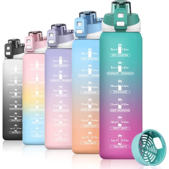 Gourde Sport 1 Litre Noir, Bouteille d'eau avec Traqueur de Marqueur