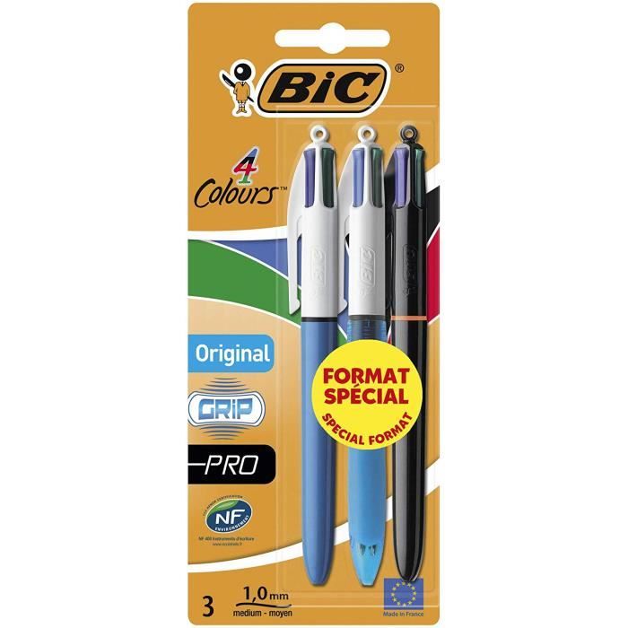 Lot de 3 stylos BIC 4 couleurs Grip Corps Bleu