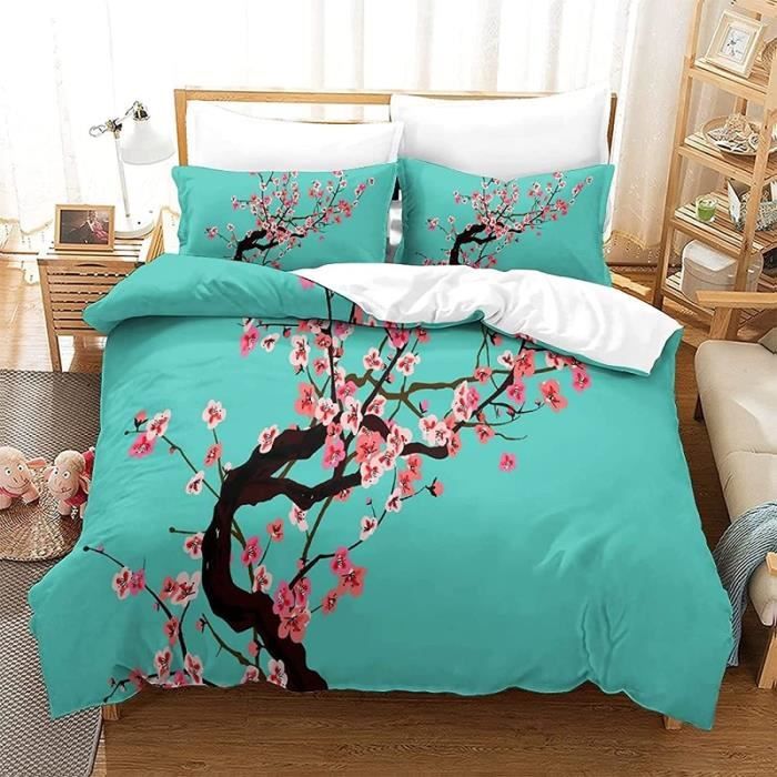 Housse De Couette 140x200 Cm Motif Fleurs De Cerisier Japonais – 3 Pièces Microfibre Douce – Zip Et Sangles Incluses