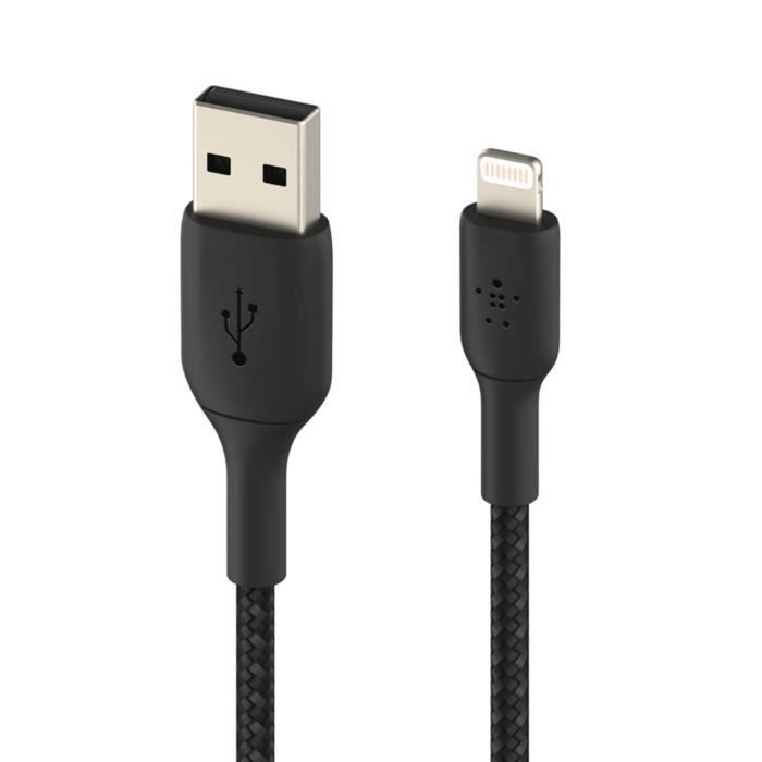 Câble USB vers Lightning MFi 18W Nylon Tressé 2m Charge et Synchro Belkin noir