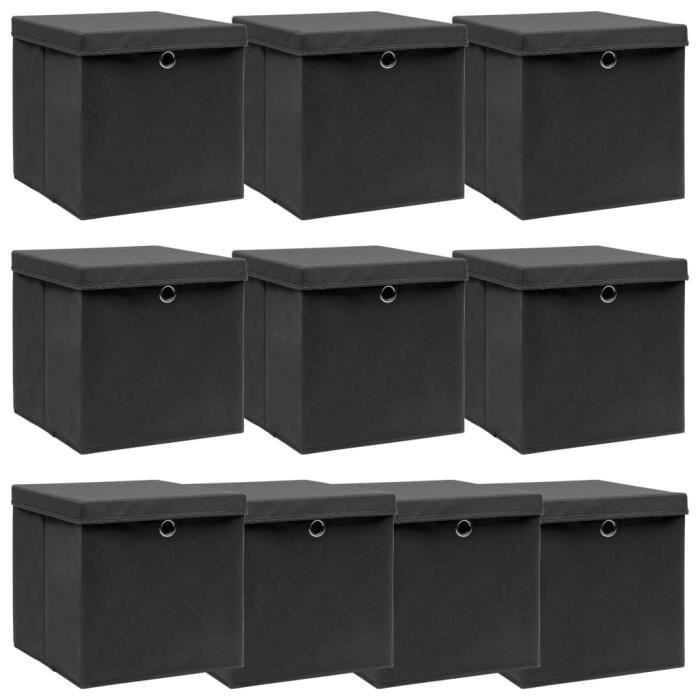 Boîtes de rangement avec couvercle 10 pcs Noir 32x32x32cm Tissu -VQU