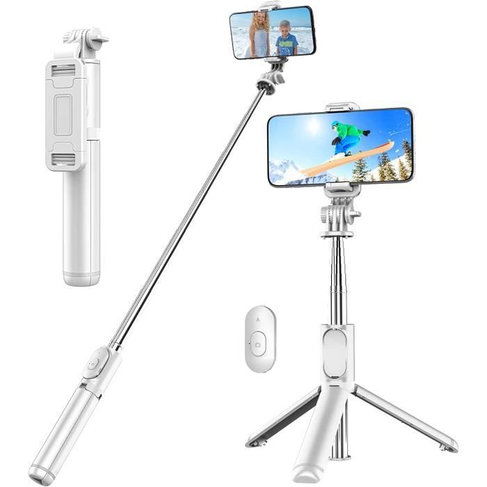 Perche Selfie, 4 en 1 Perché à Selfie Bâton Selfie Extensible Monopode Réglable avec Télécommande Amovible (Blanc)