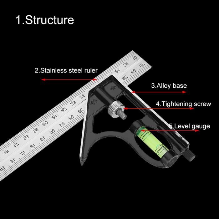 Règle à Trois Angles Combinée En Acier Inoxydable – 300 Mm – Précision 0,01 – 0-180° – Pour Bois, Construction - 3