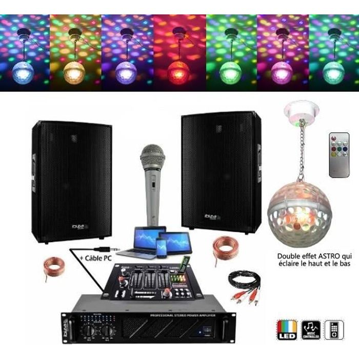 PACK SONO DJ Ampli 480w + 2 Enceintes 300w + Micro + Mixage Dj21 + câble PC + Jeu de lumière magnifique