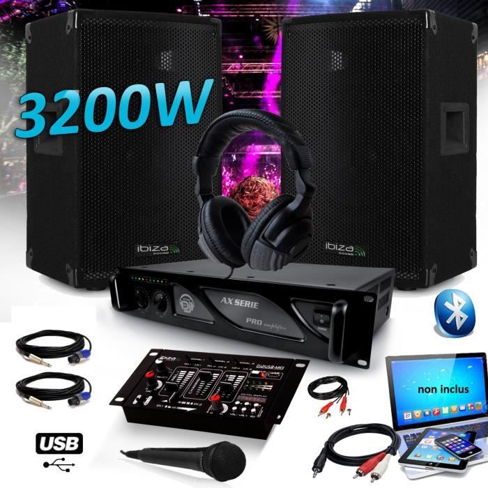 Pack DJ SONO SET 3200W Enceintes IBIZA DISCO12 + Amplificateur MyDj 2000W + Table de Mixage DJ21 USB Bluetooth + CASQUE MICRO