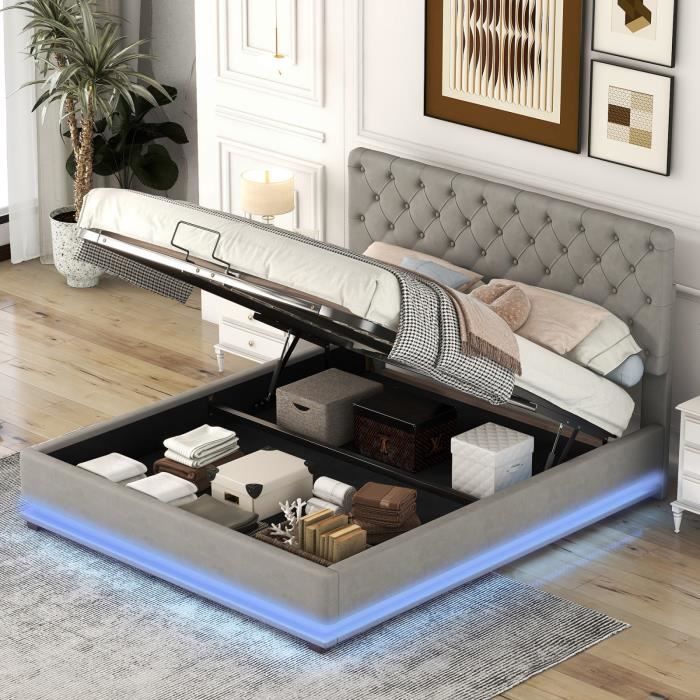 lit rembourré - 140 x 200 cm - lumières led - tête de lit avec ports usb - coffre de rangement