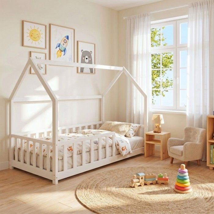 Lit cabane Kiwi 90x190 + 1 sommier + barrière /Blanc Lit cabane Kiwi 90x190 + 1 sommier + barrière /Blanc
