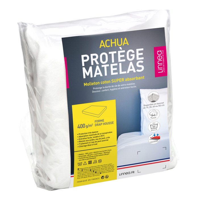 Protège matelas 60x140 cm bonnet 15cm ACHUA molleton coton 400 g/m² Protège matelas 60x140 cm bonnet 15cm ACHUA molleton coton 400 g/m²