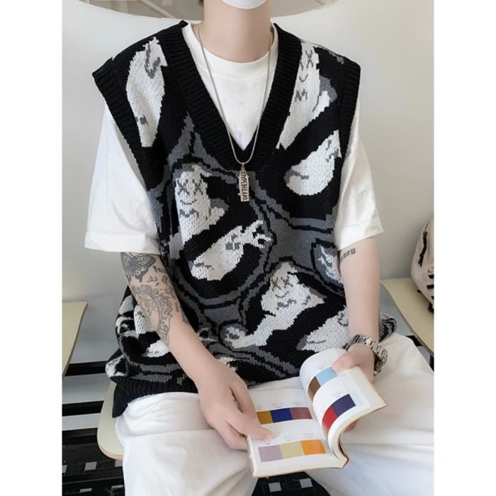 Pull sans manches Kpop surdimensionne col en v tricote sous vetement pour garcons coreen decontracte Streetwear Black E6393 Blanc Cdiscount Pret a Porter