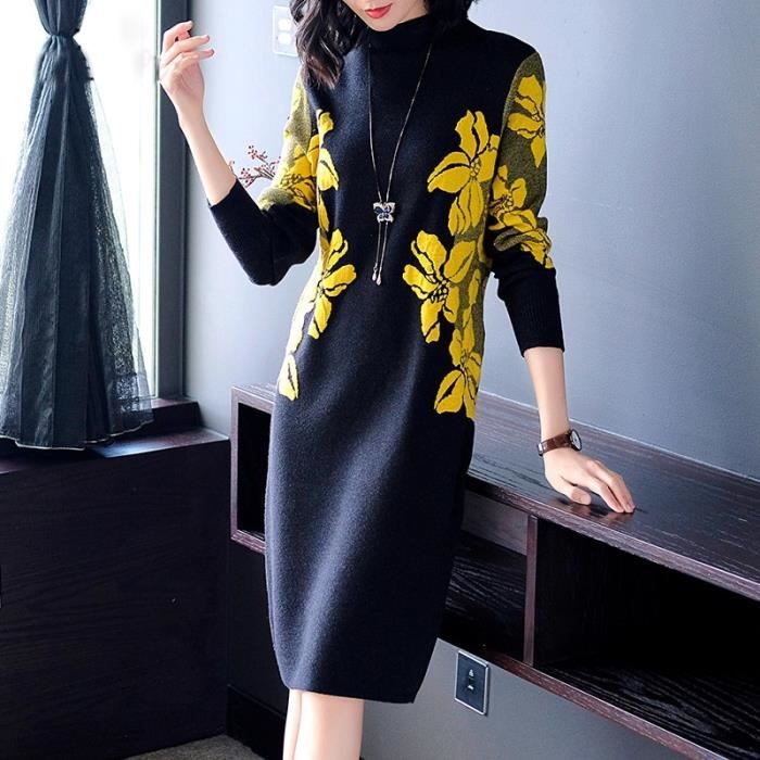 Robe Robe pull a col roule pour femme tenue Vintage elegante en tricot longueur aux genoux haute qualite hiver Type YELLOW Blanc Cdiscount Pret a Porter