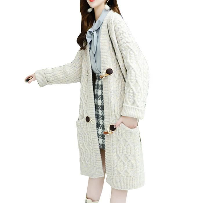 Femme Cardigan Grosse Maille Chunky Épaissie Cardigan Long Ample Cardigan en Tricot Outwear Chaud Hiver avec Poches Blanc