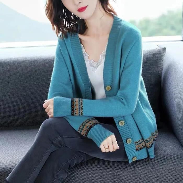 Gilet Cardigan Femme Turquoise F Cardigan Vintage en coton doux Col en V Decontracte Blanc Cdiscount Pret a Porter