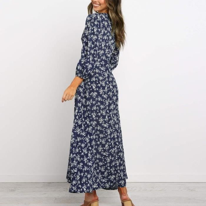 Robe coton bleu femme longue ample style bohème avec manches 3/4