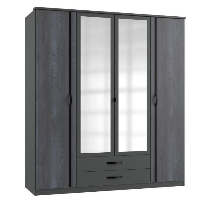 Armoire placard, meuble de rangement coloris Graphite, rechampis noir - Longueur 179 x Hauteur 199 x Profondeur 58 cm