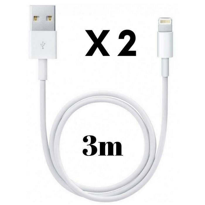 Câbles USB Lightning - PHONILLICO - Lot de 2 - 3 mètres - Compatible iPhone 11/11 PRO/X/XS/8/7/6/5 - Blanc