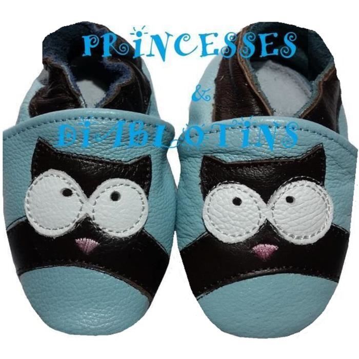 Chaussons en cuir souple pour bébé - Princesses & Diablotins - Hibou - Bleu - 0-6 mois
