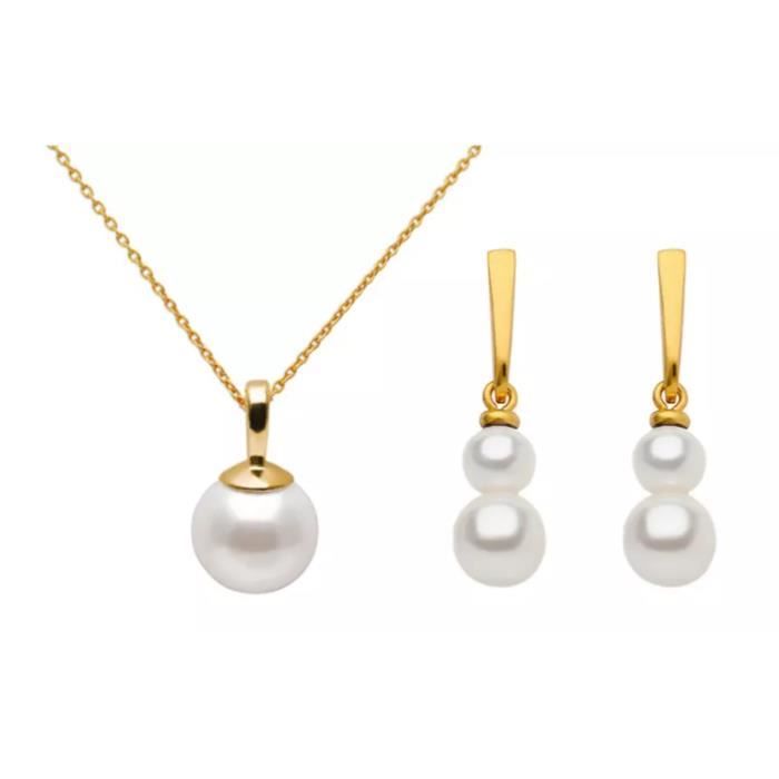 Parures ensemble bijoux Argent doré a l’or fin et perles blanches Swarovski collier et boucles d'oreilles assorties