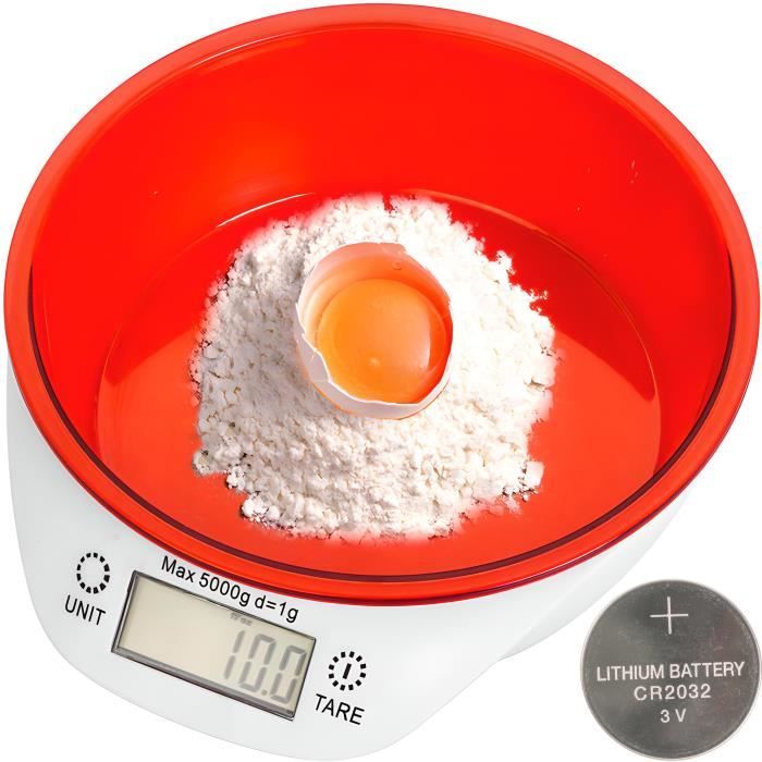 Retoo Balance de Cuisine avec Bol Capacité Jusqu'à 5 kg électronique Domestique Numérique Écran LCD Haute Précision Rouge