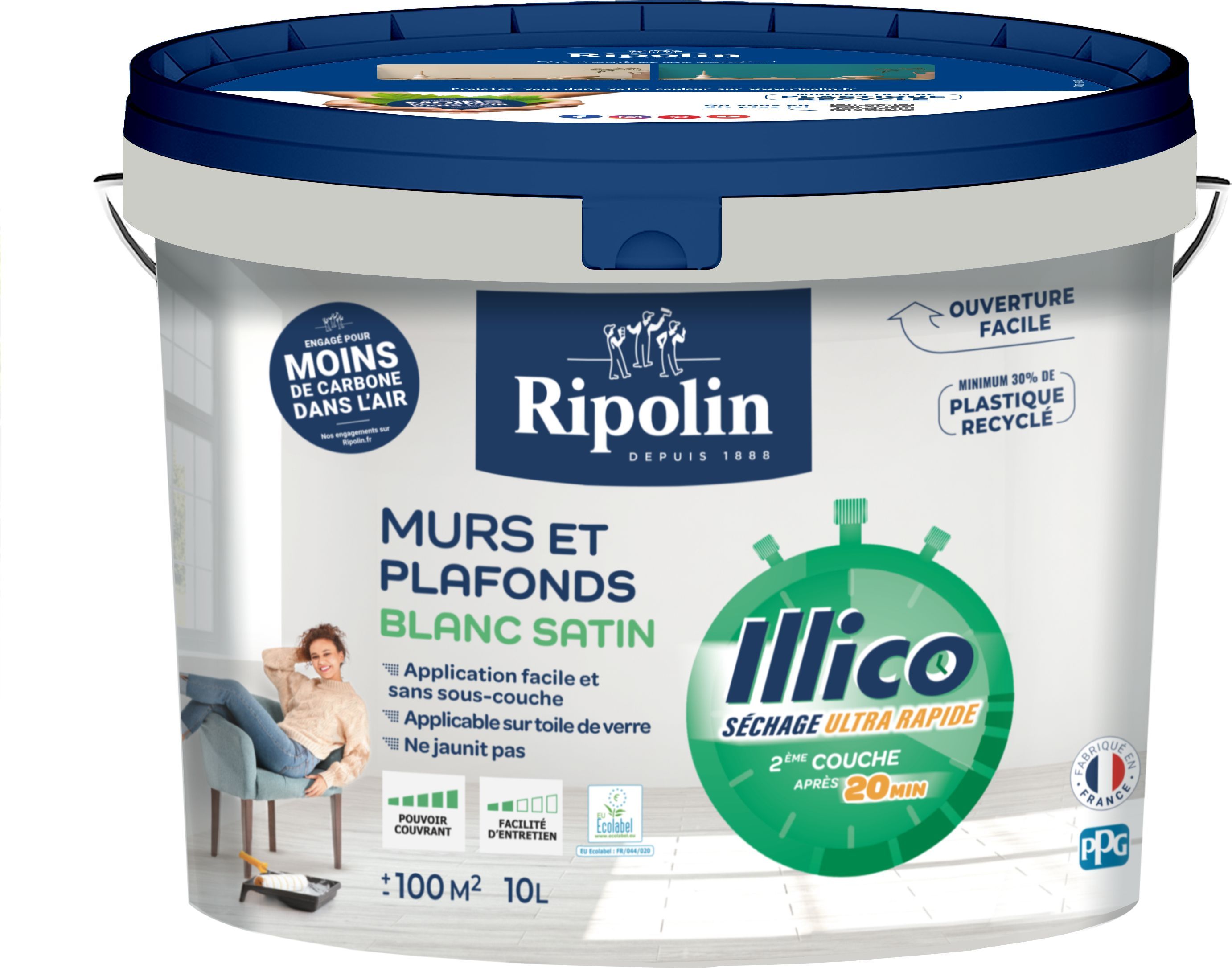 Ripolin Peinture murs et plafonds - Blanc - Satin - Illico - 10 L