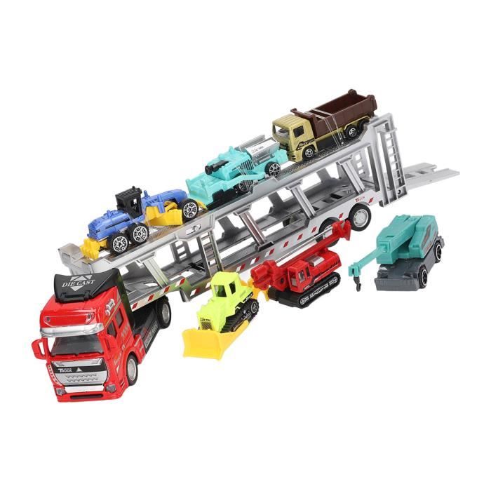 Daioller Jouets Camion de Transport, Camion de Construction avec 4 Voitures de Dessin animé à Tirer, Camion à inertie pour Enfant, véhicules d' ingénierie de la Ville avec Son et lumière Clignotante