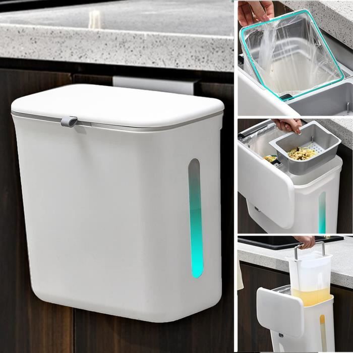 Poubelle Suspendue Cuisine 9 L Avec Couvercle – Blanche, Plastique, Fixation Murale Ou Sur Porte