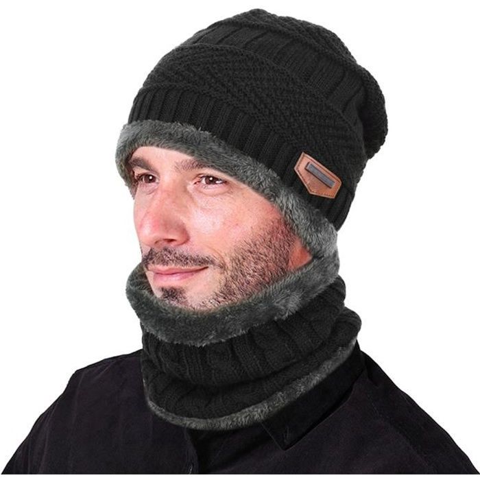 vbiger bonnet + echarpe ensemble tricoté chaude en molleton homme noir