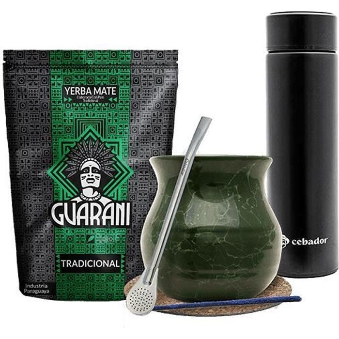 Yerba Mate Fumée Kit Guarani Elaborada Tradicional 500g + Thermos Led 480 ml + Vert Calebasse Mate 375 ml