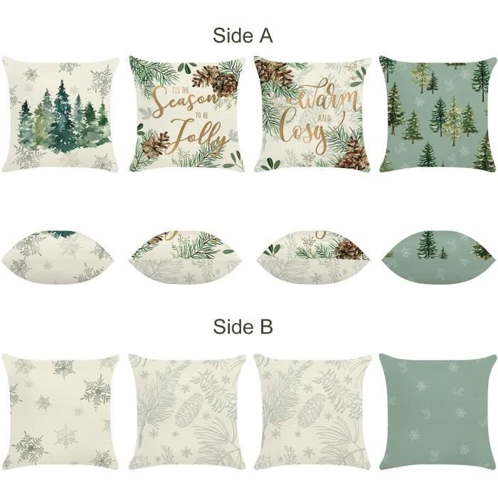 Lot De 4 Housses De Coussin 45x45 Cm - Motifs Flocons Et Sapins De Noël - Polyester Doux, Lavable, Zip Caché - Pour Canapé, Salon, Chambre - 2
