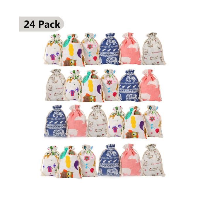 DazSpirit Calendrier de l'Avent à Remplir,Ensemble de 24 Sachets en Tissu avec Pinces en Bois Et Corde de Jute,Calendrier de l'Avent DIY pour Enfants Et Adultes,Sac de Décoration de Noël pour Cadeaux