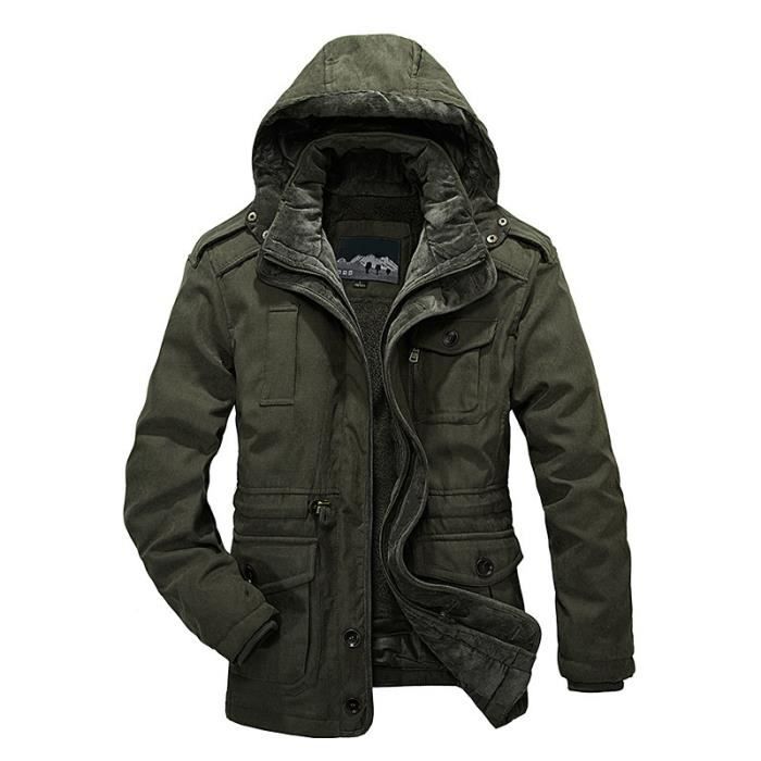 Parka Hiver Homme a Capuche Double Polaire Veste Chaude Epaisse en Coton Couleur Unie XL Vert militaire