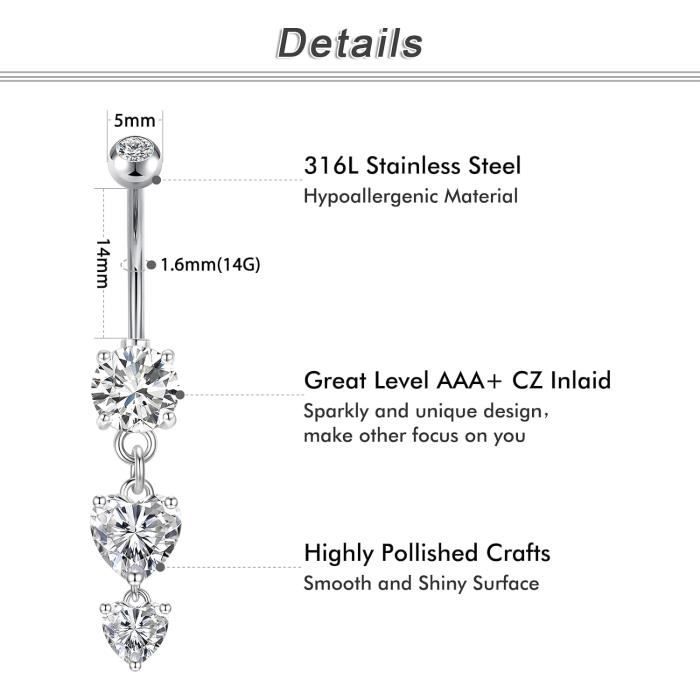 Set De 8 Bijoux Piercing Nombril Acier Chirurgical - 14G 10mm, Barres Et Anneaux Noirs - 9