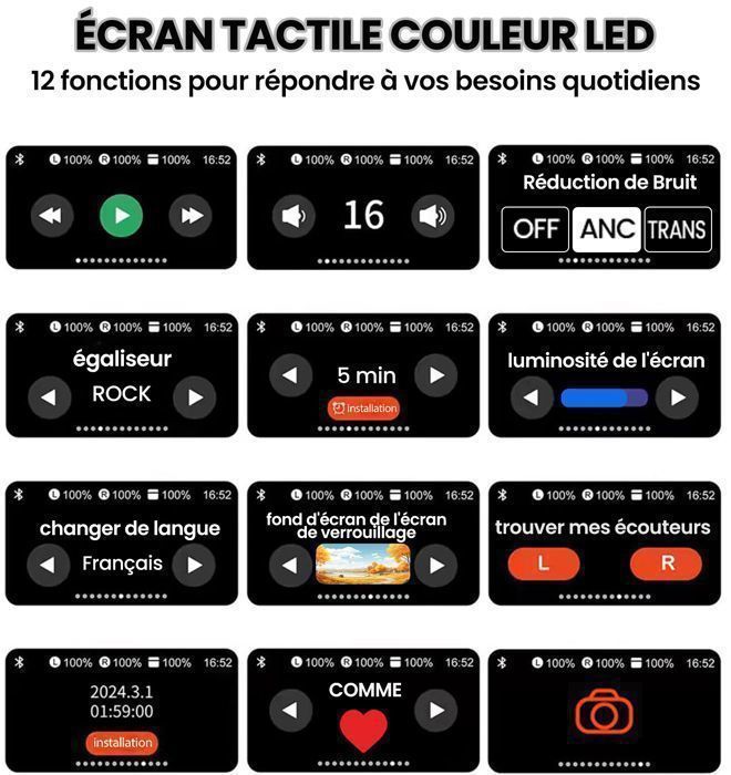 Écouteurs Sans Fil Bluetooth 5.4 Avec écran Couleur LCD TWS écouteurs