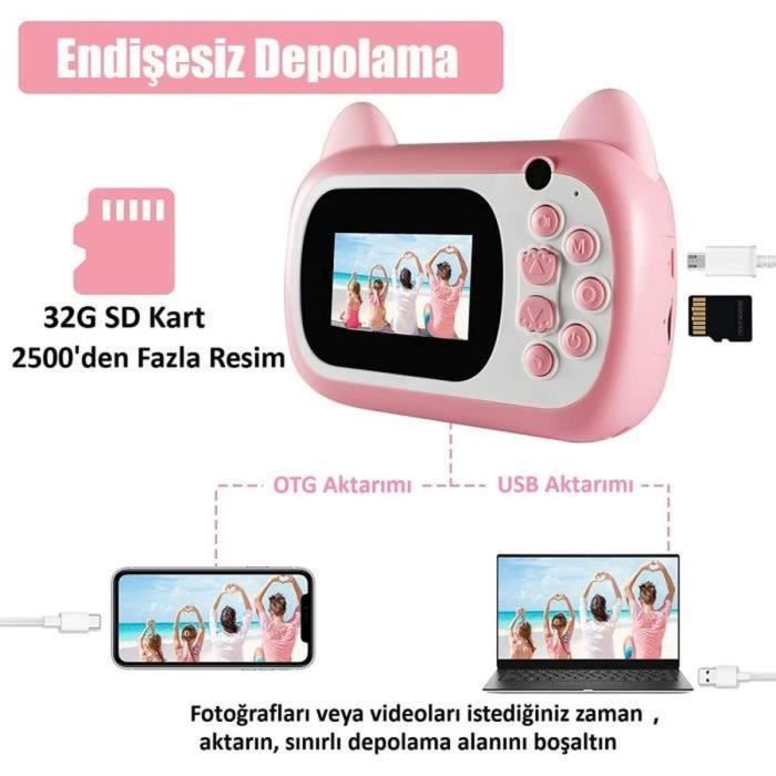 Appareil Photo Enfant Instantané - Écran 2,4" - 32 Go + 3 Rouleaux Papier - Vidéo/Selfie - Cadeau 3-12 Ans