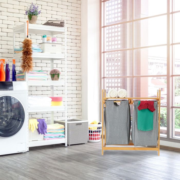 Meuble À Linge Bac Pliable 2 Surfaces Rangement Bambou Tissu Hlp Env