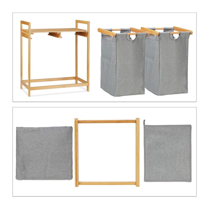 Relaxdays Meuble à Linge, Bambou, 2 Sacs Amovibles, Surface Pratique Hlp 73x64x33 Cm Salle De Bain Nature Et Gris 88925016