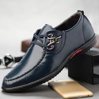 Chaussures en cuir décontractées à la mode pour hommes à lacets, chaussures de conduite souples Bleu