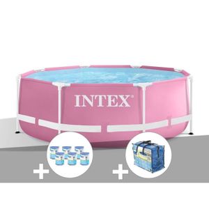 PISCINE Kit piscine tubulaire Intex Metal Frame Pink ronde 2,44 x 0,76 m + 6 cartouches de filtration + Bâche à bulles