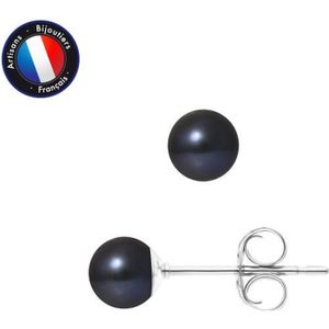 Boucle d'oreille PERLINEA - Boucles d'Oreilles - Véritables Perles de Culture d'Eau Douce Noires Rondes 5-6 mm - Or Blanc - Bijoux Femme