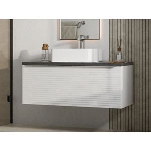 MEUBLE VASQUE - PLAN Meuble de salle de bain suspendu strié blanc avec simple vasque à poser - 90 cm - LATOMA