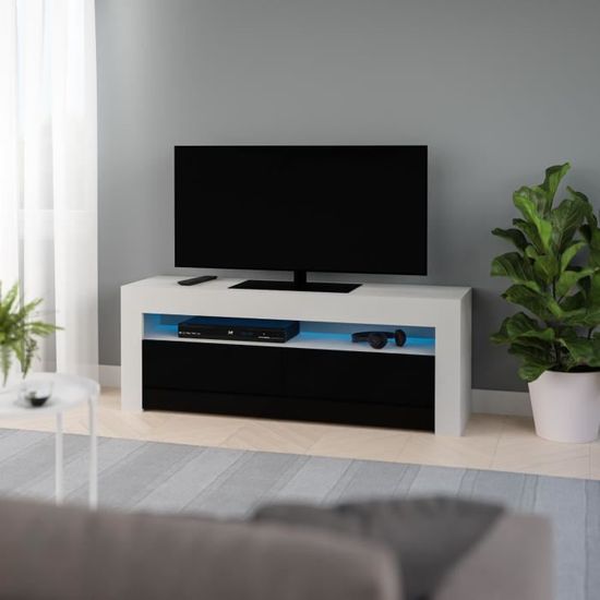 3xEliving Meuble TV moderne et élégant Kim blanc / noir 130 cm LED