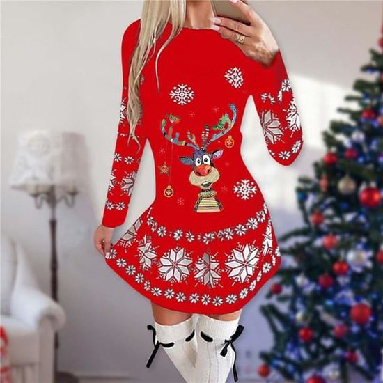 Robe de soiree de Noel pour femmes Black A2074 Imprimee d animaux de dessin anime Mode decontractee Blanc Cdiscount Pret a Porter