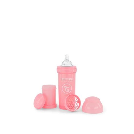 Twistshake Biberon anti-colique avec récipient à lait en poudre et mélangeur - 260 ml - Biberon sans BPA - 2+ mois - Rose