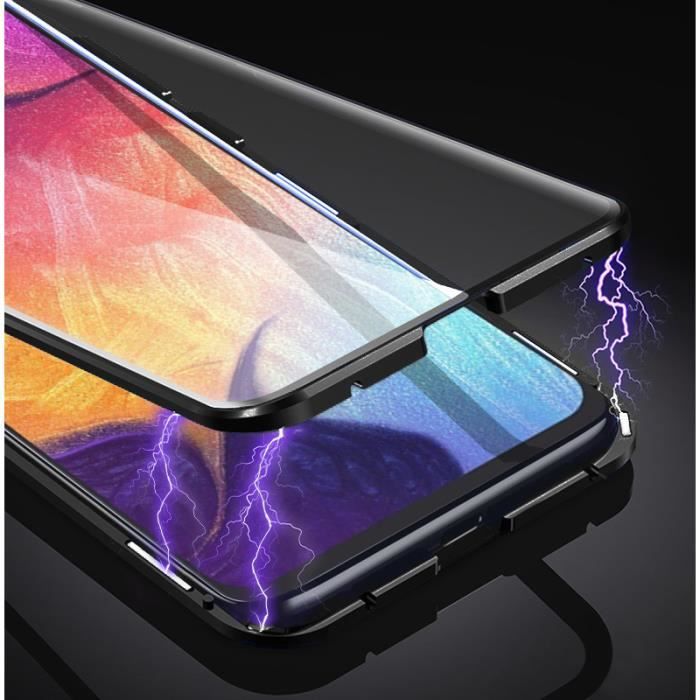 Coque Samsung A71, Métal Etui, Double face Verre trempé + Cadre en métal magnétique Bumper - Noir