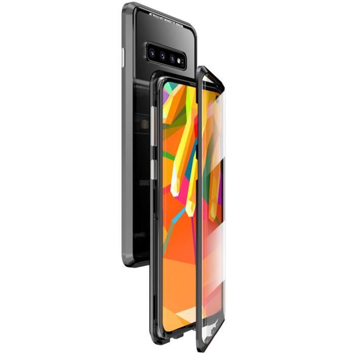 Coque Samsung Galaxy S10, Étui Adsorption Magnétique Double face Verre trempé Couverture pour Samsung Galaxy S10 -Noir + noir
