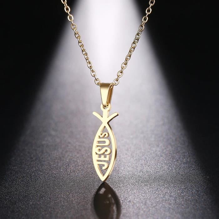 Collier avec Pendentif Poisson Chrétien en Acier Inoxydable Or, Inscription Jésus, Bijou Religieux Chrétien
