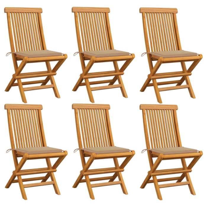 ❤ Lot de 6 Chaises de jardin Mode - Fauteuil de Jardin avec coussins - Chaise d'extérieur beige Bois de teck massif ♪♪22620