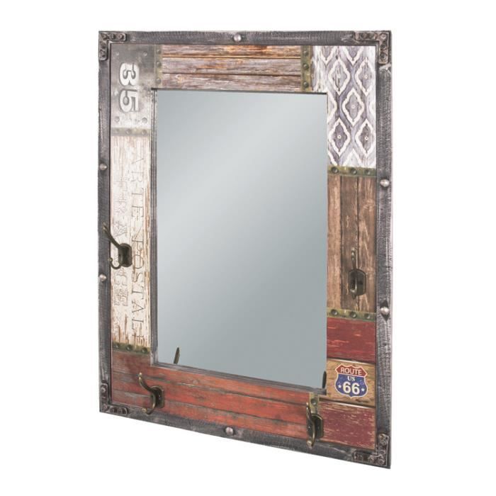 Miroir murale en bois imprimé texte + 4 crochets en métal L55xH75cm WHITSTABLE - Route 66