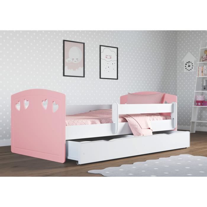 Lit enfant Lit simple pour enfant avec matelas et tiroir inclus - Parfait pour les filles - Peintures écologiques - Sécurité